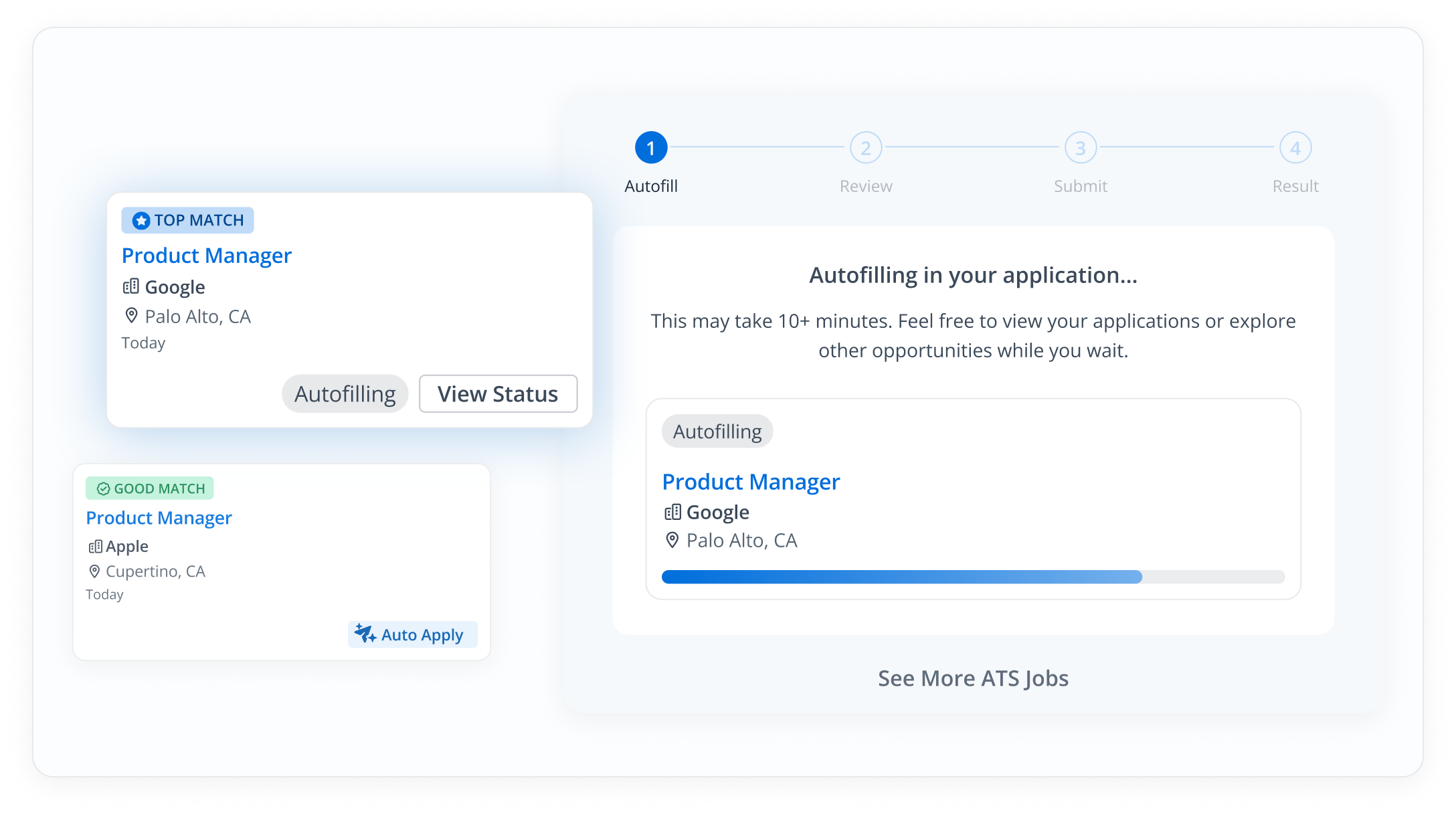 Auto Apply dashboard showing All Applications tab with job statuses including Autofilling, Pending Review, Applied, and Submitting