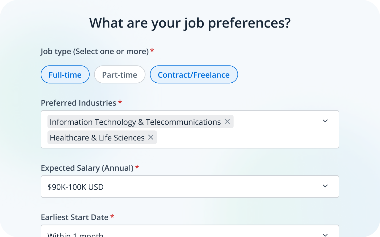 Job preferences form asking for job type, preferred industries, expected salary, and earliest start date