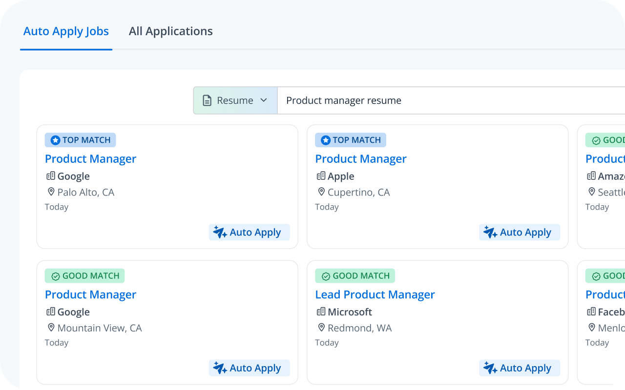 Auto Apply Jobs tab showing Top Match and Good Match job cards for Product Manager roles at Google, Apple, Microsoft and others with Auto Apply buttons