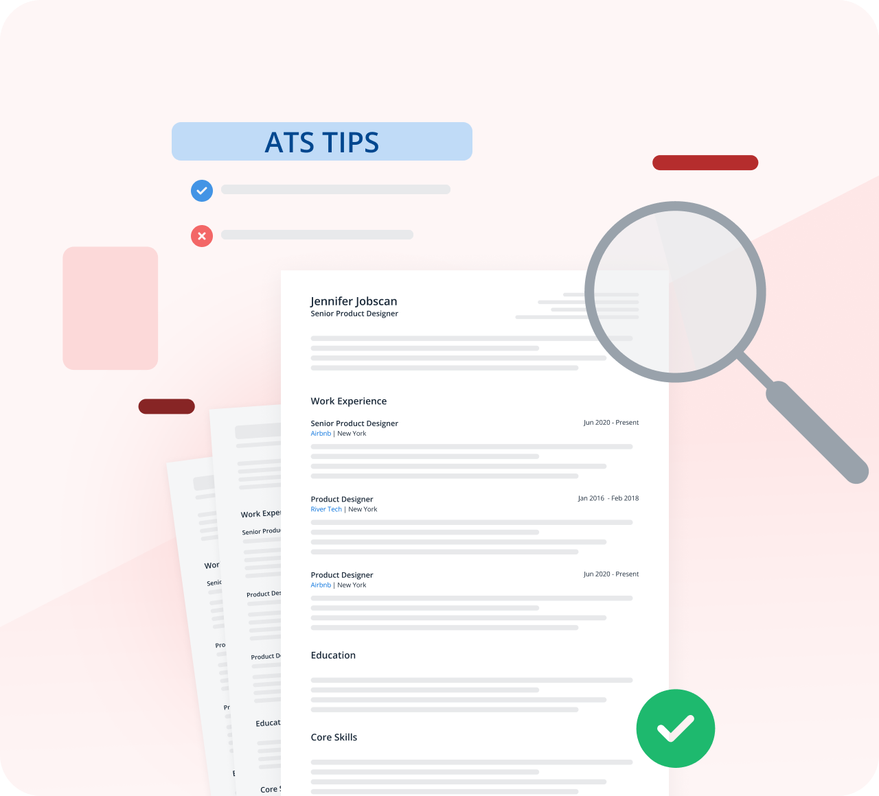 Resume preview with ATS tips and validation marks